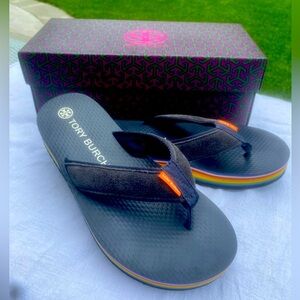 Tory Burch 70s Suede Flatform Flip Flop Sandals Navy Rainbow Women's 8